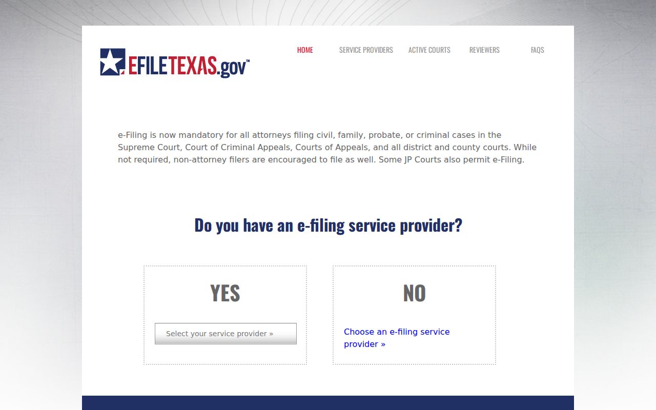 Official eFileTexas electronic court filing landing page